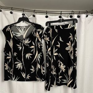 Kasper Black and Cream Floral Midi Skirt